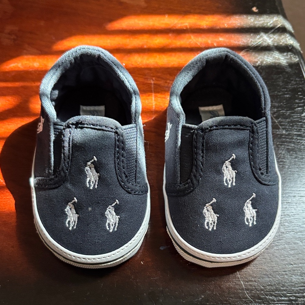 Ralph Lauren Navy Slip-On Baby Sneakers with White Pony Embroidery Size 2